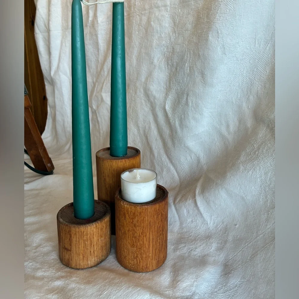 Set Teak Candle Holders Danish Tapers Votives Tea Light Candles all Sizes Fit
